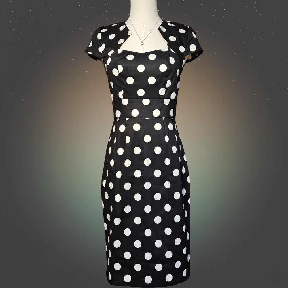 NWT Womens Retro Pinup Black White Polka Dot Wiggle Pencil Dress Size Small
